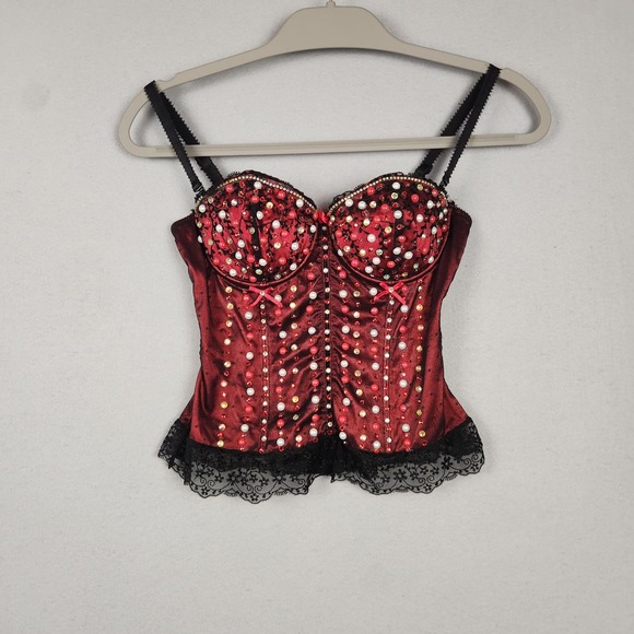 Affinitas Intimates Other - Affinitas Intimates Bustier Corset Top Womens 32C‎ Red Black Lace Rhinestone